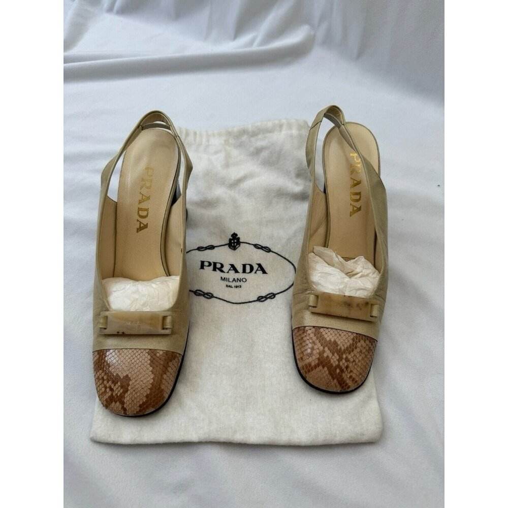 Prada Women's Shoes Vintage Nude Leather Block Heel Pumps Size 37